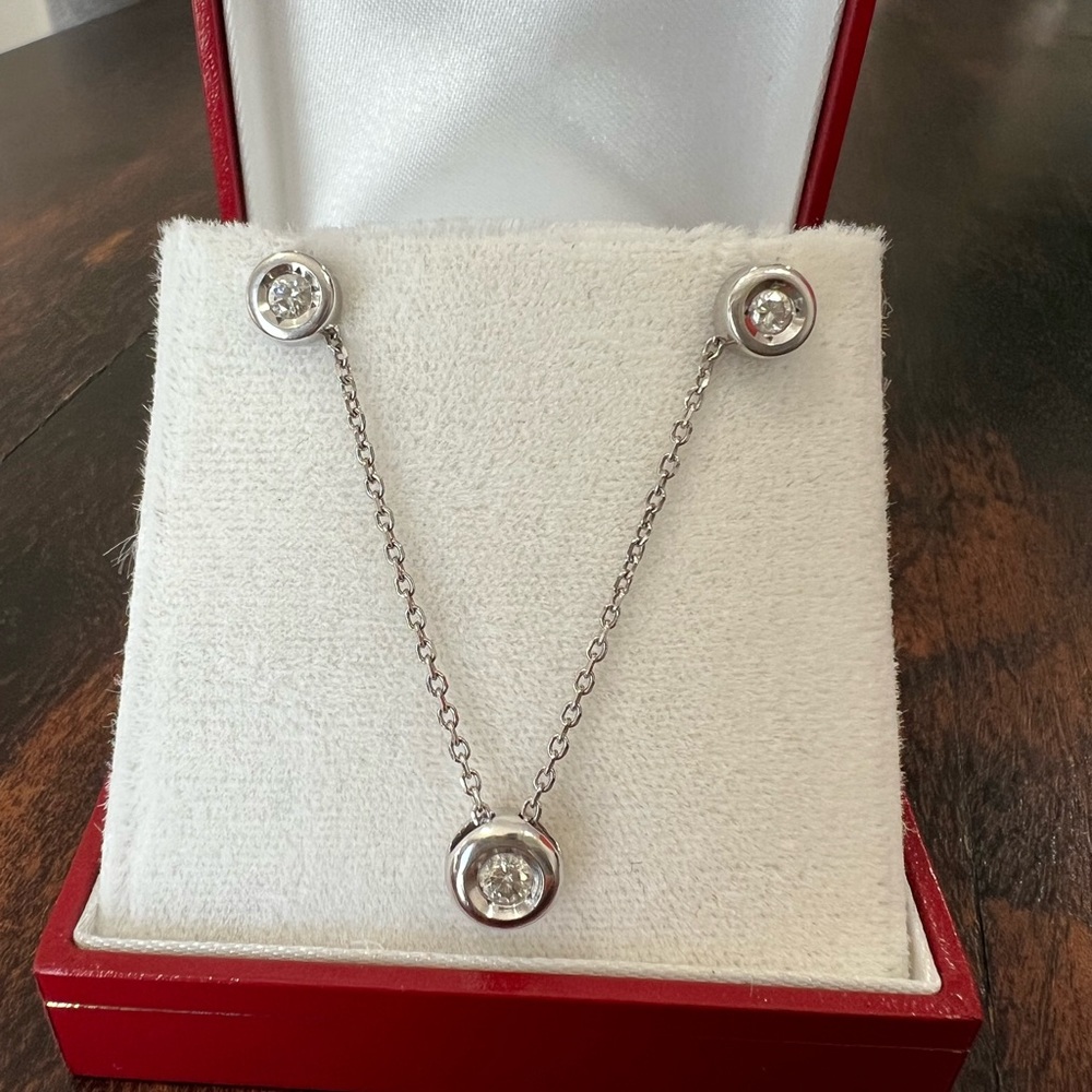Solid 14k white gold and natural diamond bezel earrings and necklace